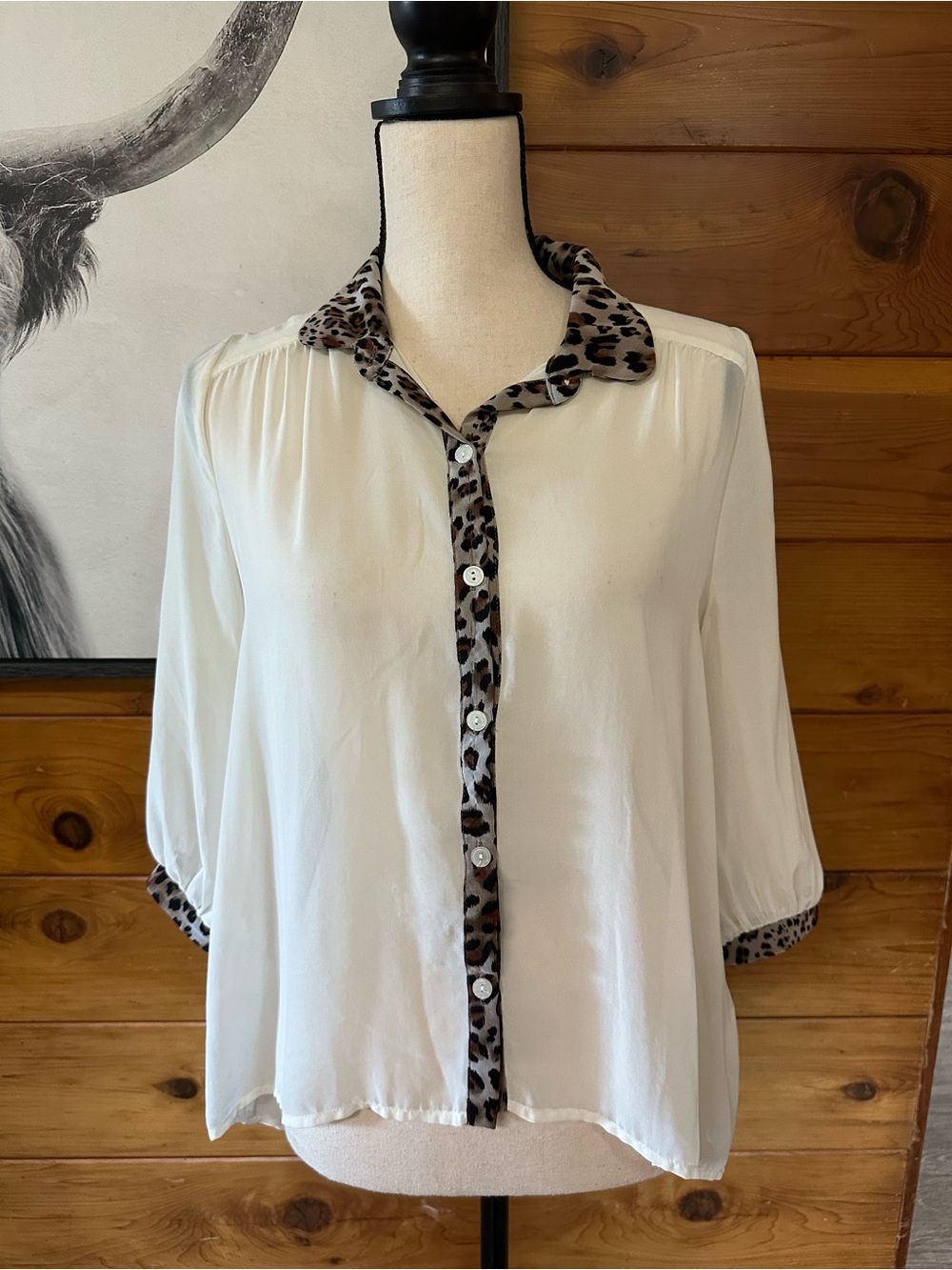 Lush Leopard-Trim White Button-Front Blouse